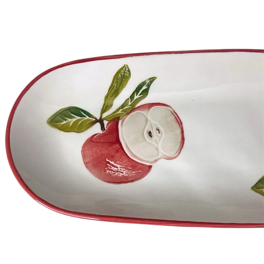 Hand Painted Red Apple Ceramic Serving Platter 14” Long Tapas Dish Farmhouse